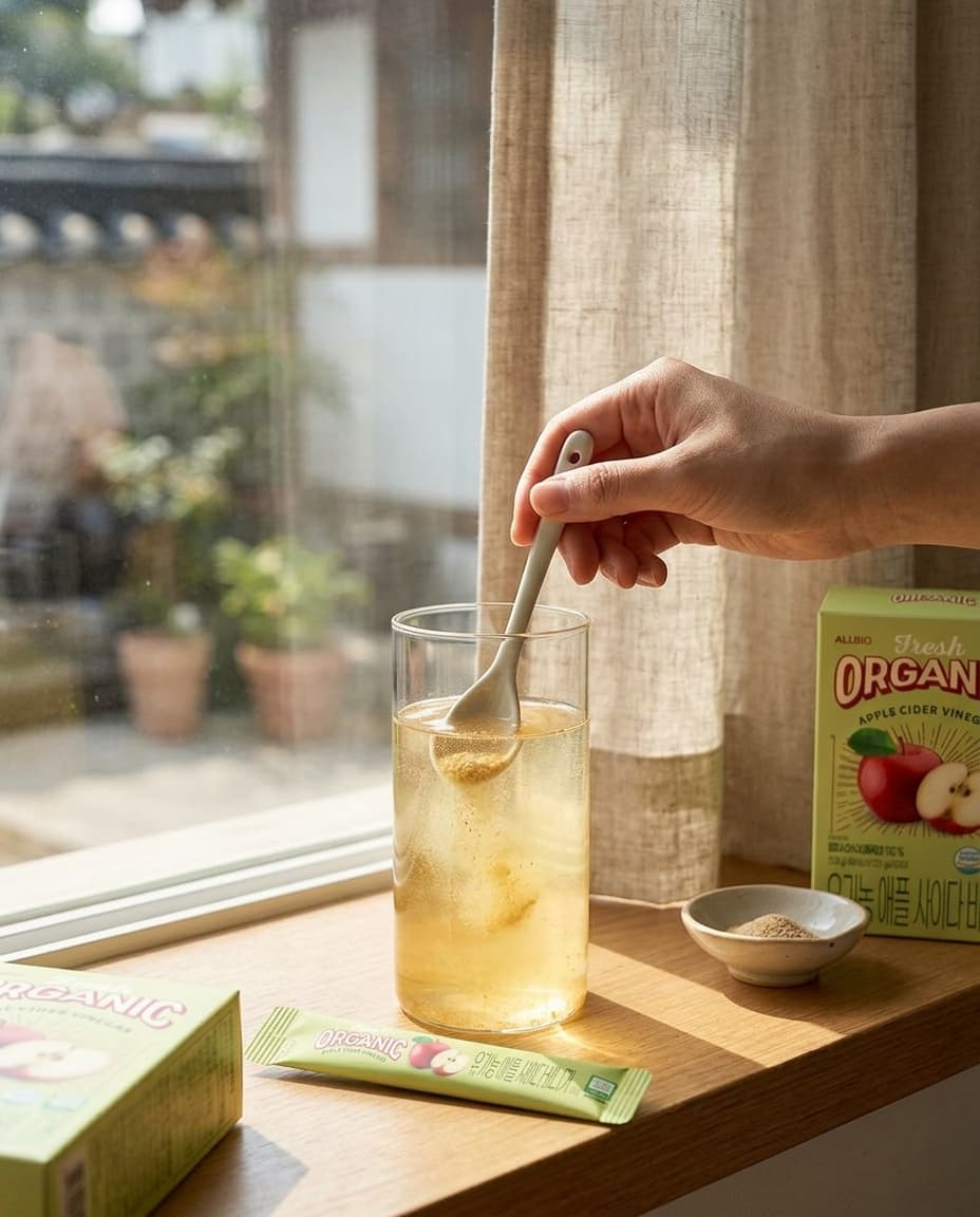 Hand stirring ACV into water at sunlit window.