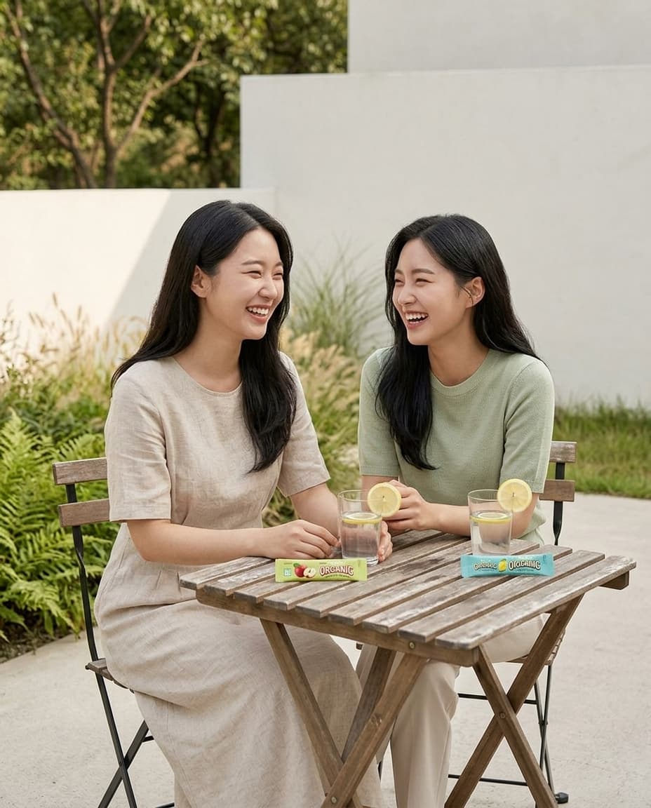 Friends with ALLBIO sticks on patio.