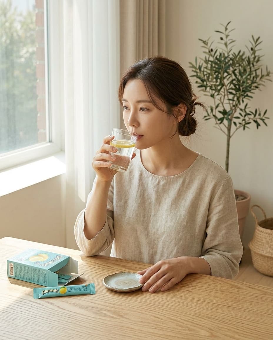 Woman sipping lemon water with ALLBIO packet beside.