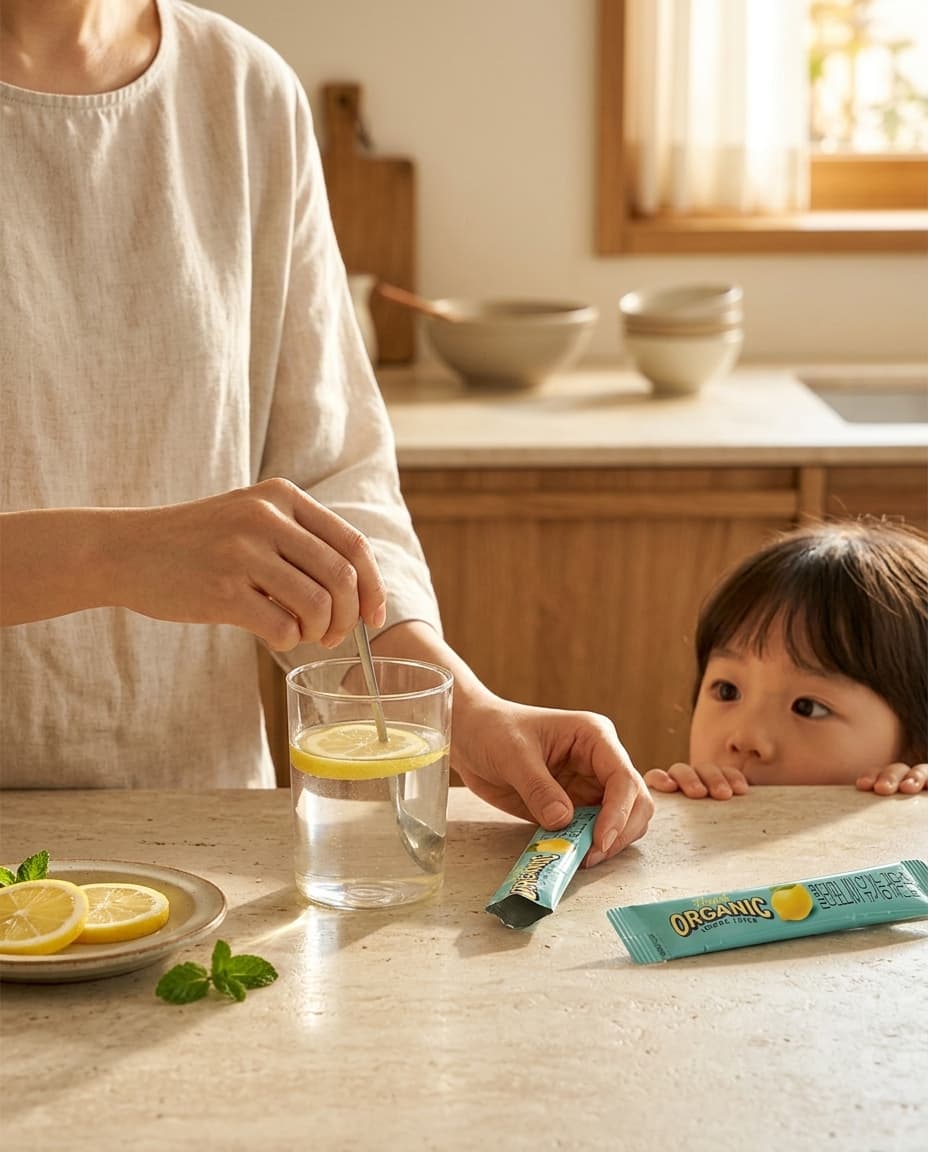 Family kitchen scene with parent and child.