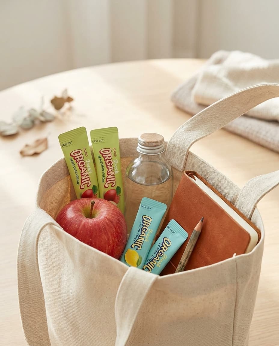 Travel canvas tote with ALLBIO sticks and apple.